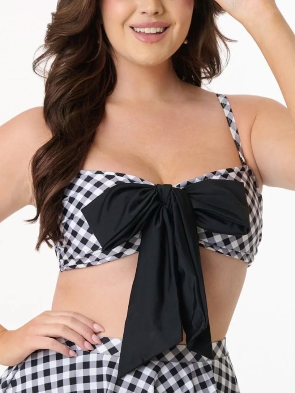 Unique Vintage Black & White Gingham Bow Rialto Bikini Top - Medium